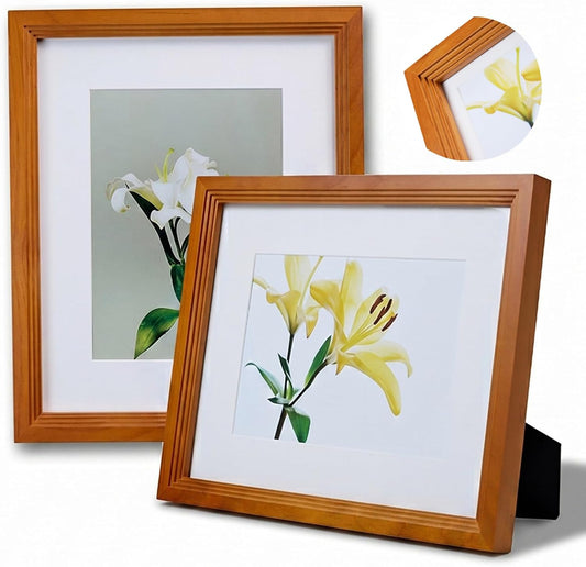 8x10 Wooden Picture Frame, Displays 8x10 Without Mat or 5x7 With Mat, Solid Wood Colorful Photo Frame for Wall Tabletop, Real Glass, Rustic Stepped Edge, 2 Pack, Brown