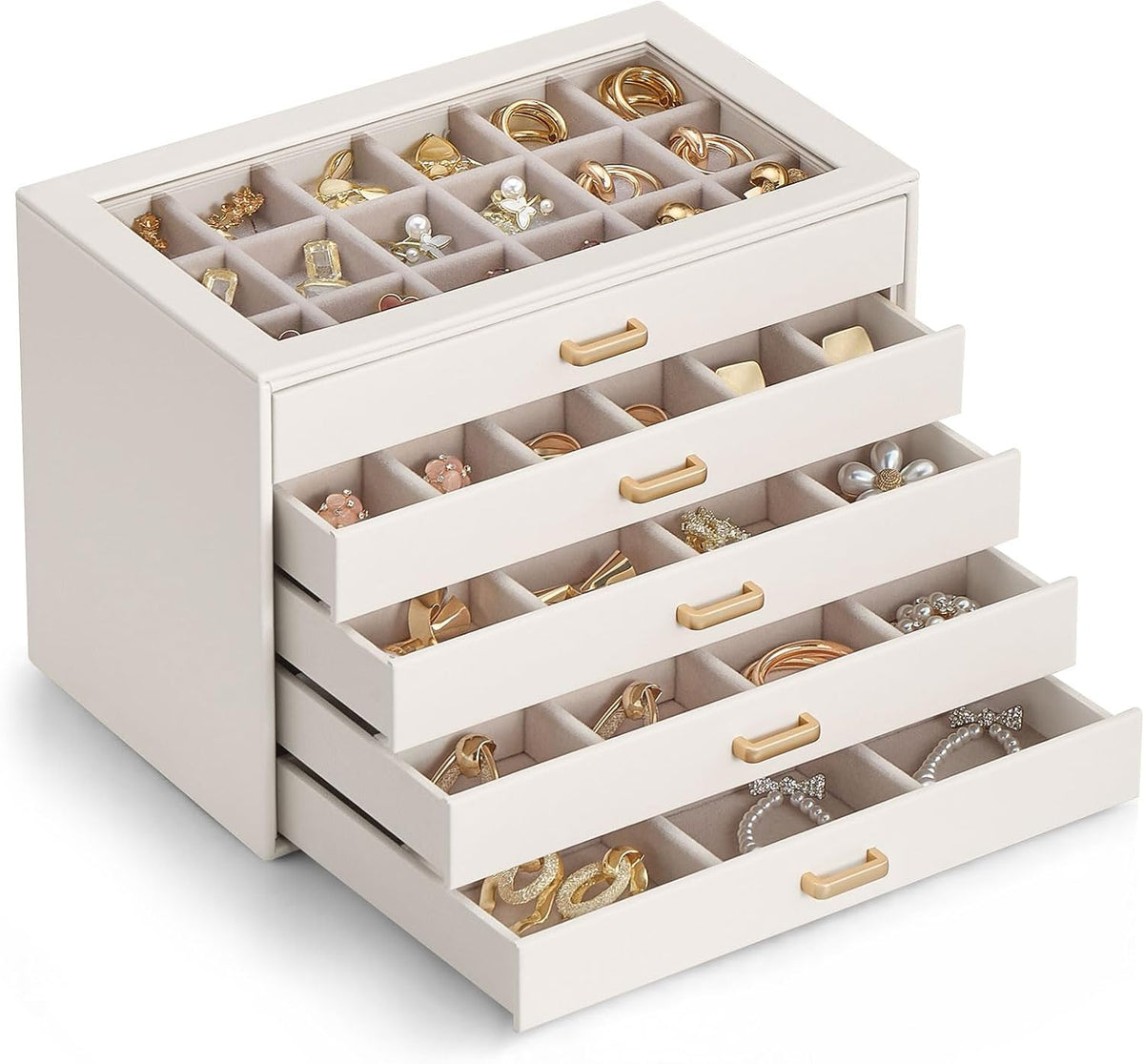 Lolalet Earring Organizer, Jewelry Box with Clear Lid -Beige, 5 Layer