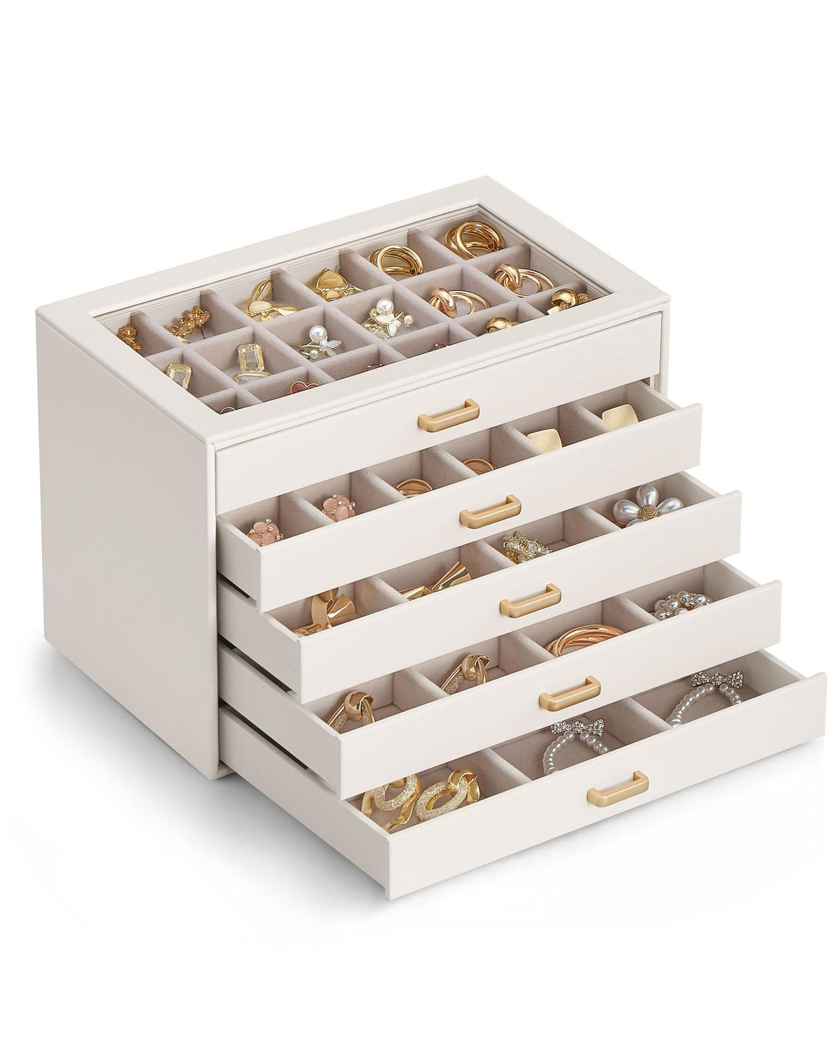 Lolalet Earring Organizer, Jewelry Box with Clear Lid -Beige, 5 Layer
