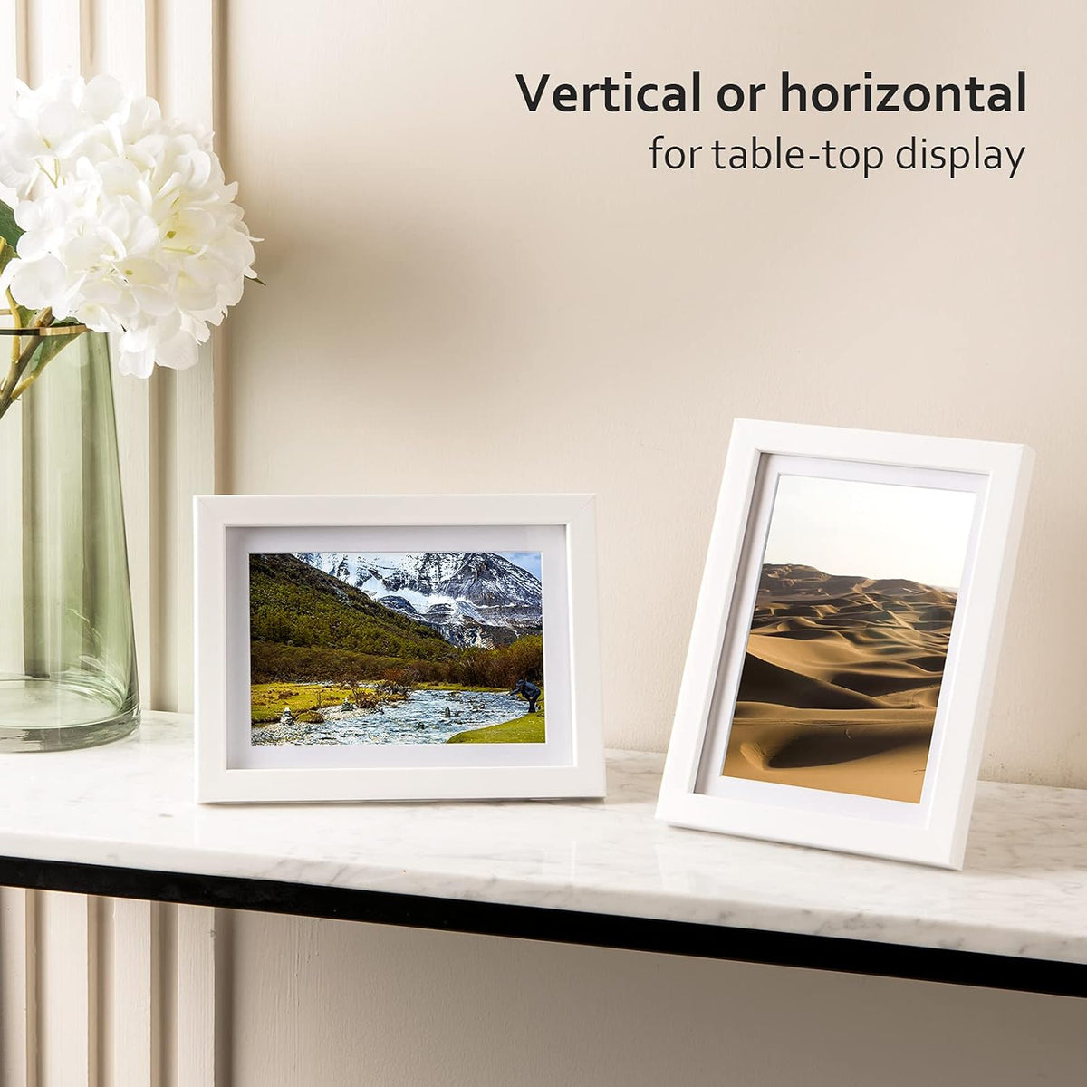 KINLINK 5x7 Picture Frame White Set of 4, Wooden Photo Frames Matted 4x6 with Plexiglass for 4x6 with Mat or 5x7 without Mat for Table and Wall Display