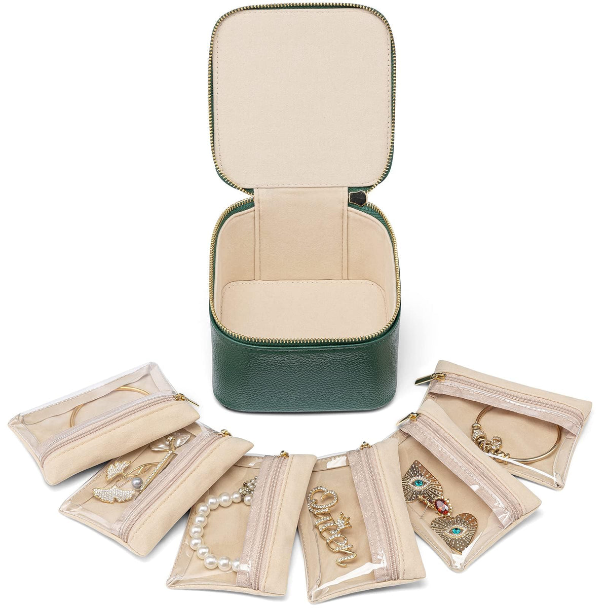 VLANDO Jewelry Boxes for Women with 12 Clear Velvet Zipper Pouches,Green