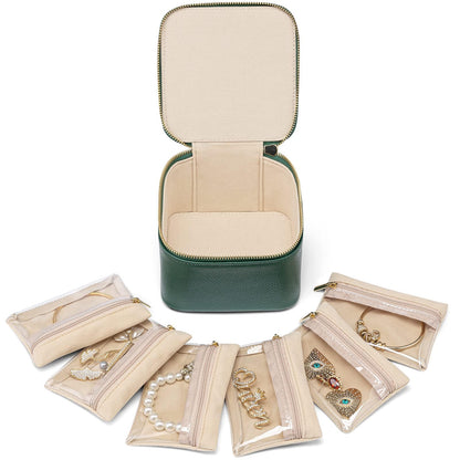 VLANDO Jewelry Boxes for Women with 12 Clear Velvet Zipper Pouches,Green