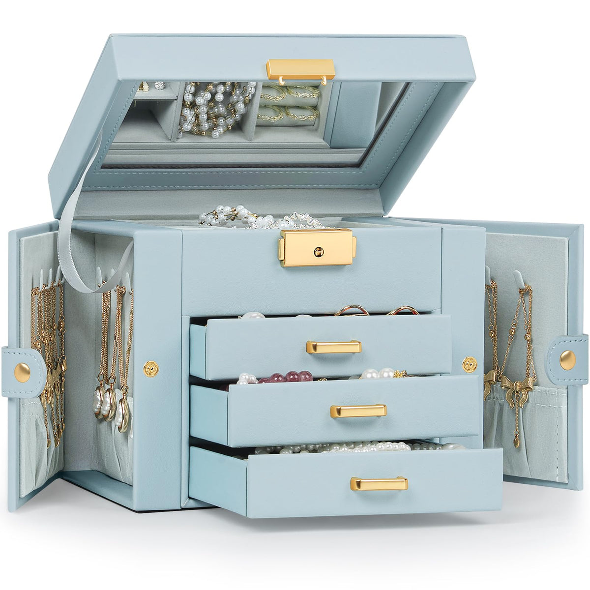 TORIBIO Jewelry Box for Women, Leather Jewelry Organizer with Mirror & Lock, 3-Tier Jewelry Storage Organizer with 2 Drawers for Girls/Women/Mothers, Necklace Earring Bracelets Holder Organizer