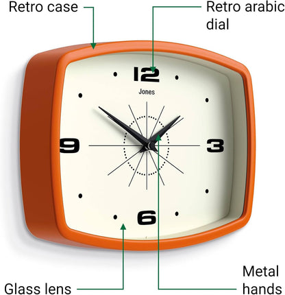 JONES CLOCKS® Movie wall Clock | Rectangular Retro Clock | 10" | Orange