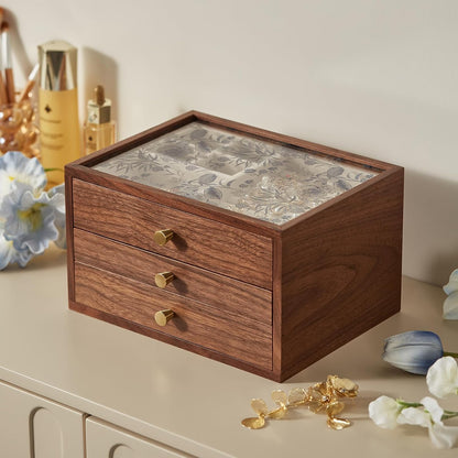Black Walnut Wooden Women Jewelry Box with Glass Lid, 3 Layer