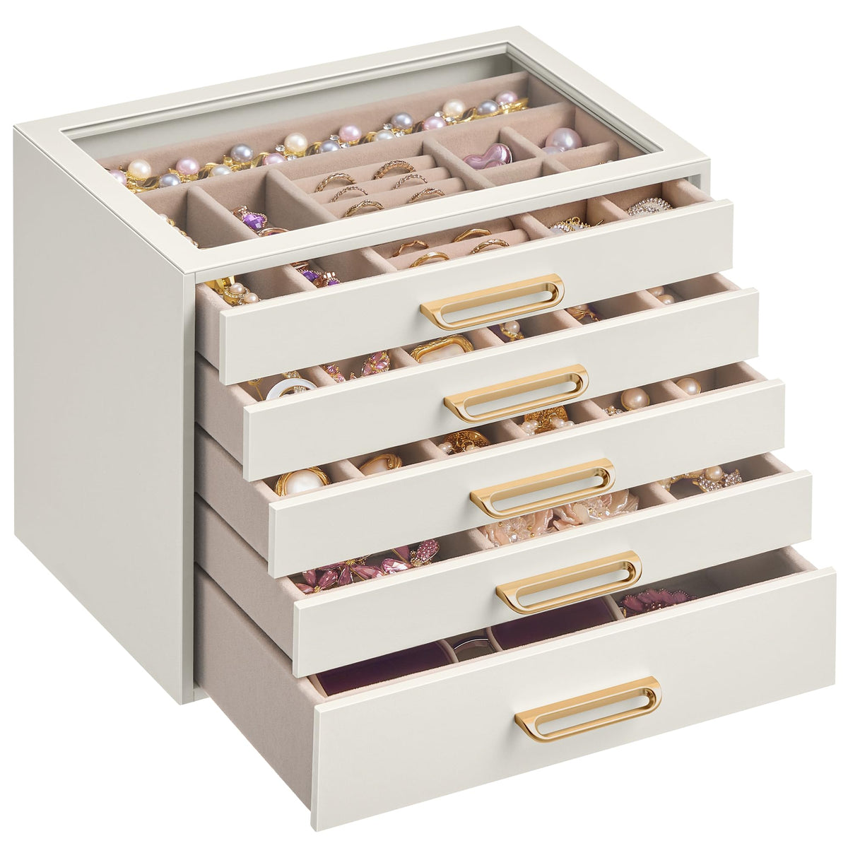 SONGMICS 3-Layer Jewelry Box with Glass Window, 3 Drawers, Golden Handles