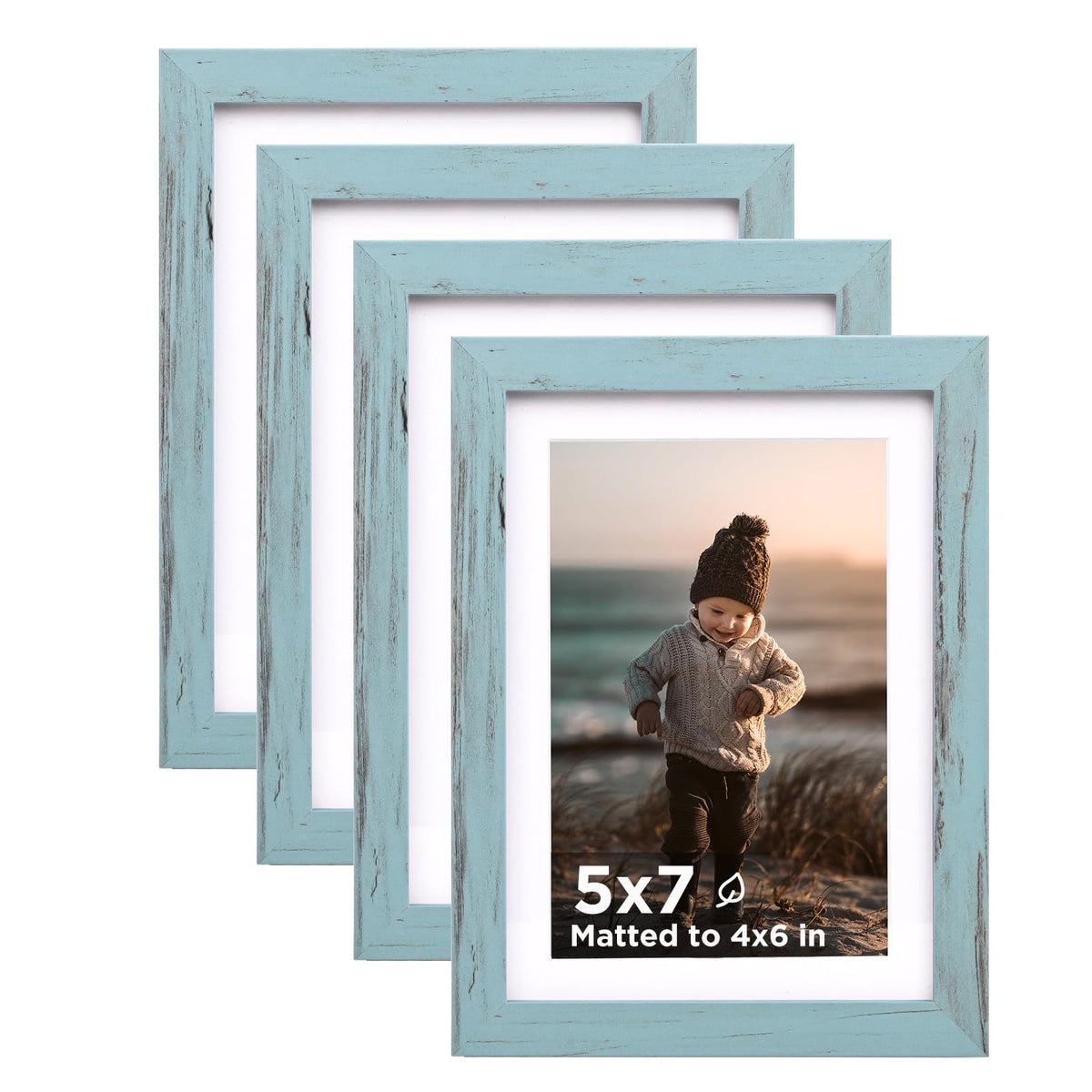 KINLINK 5x7 Picture Frame White Set of 4, Wooden Photo Frames Matted 4x6 with Plexiglass for 4x6 with Mat or 5x7 without Mat for Table and Wall Display