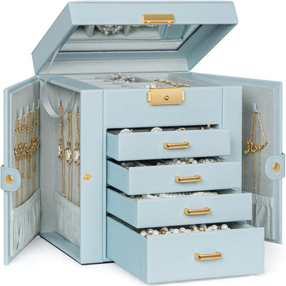 TORIBIO Jewelry Box for Women, Leather Jewelry Organizer with Mirror & Lock, 3-Tier Jewelry Storage Organizer with 2 Drawers for Girls/Women/Mothers, Necklace Earring Bracelets Holder Organizer