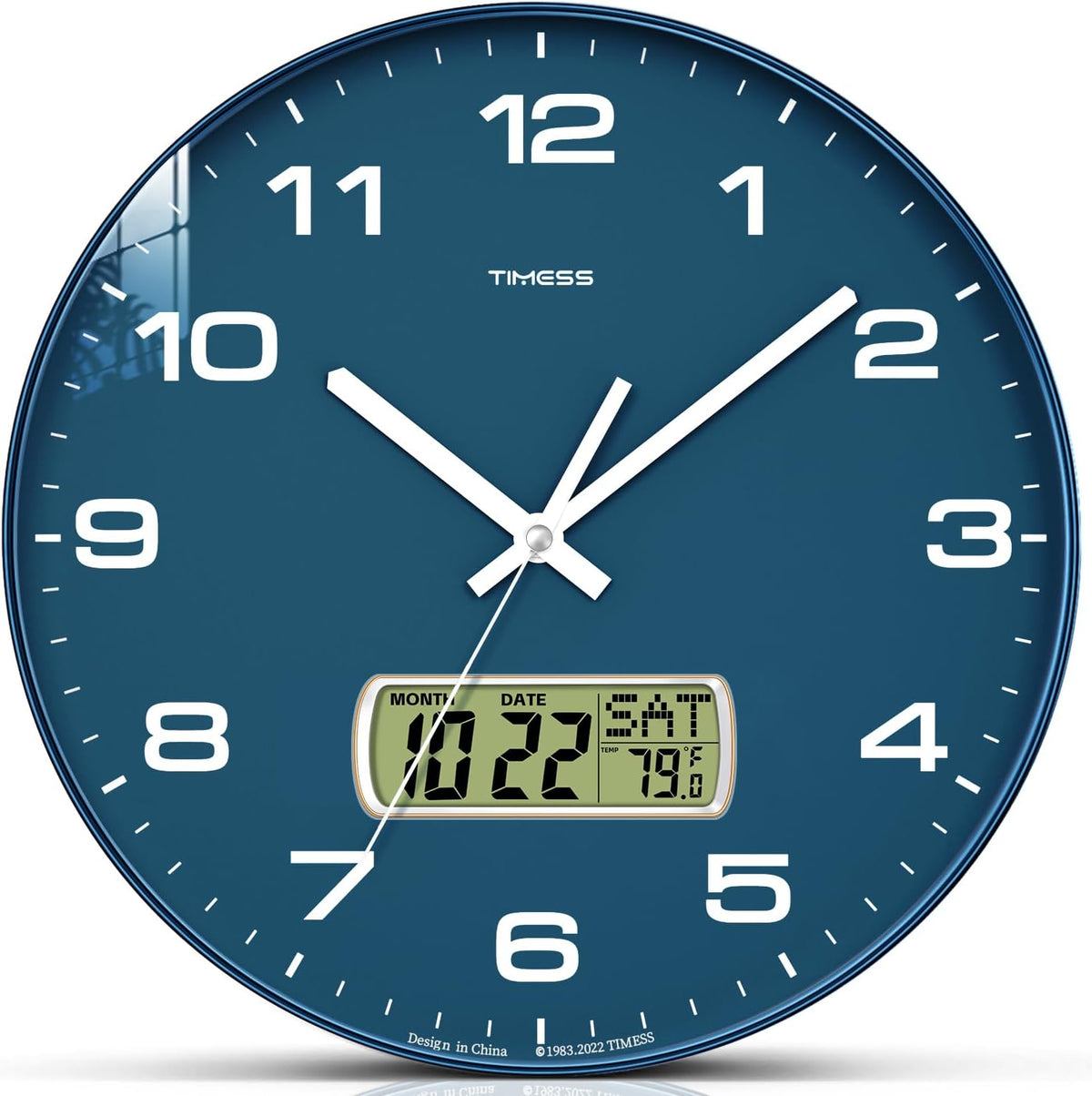 TIMESS 12-Inch Non-Ticking Analog Wall Clock with LCD Display, Blue