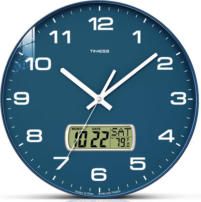 TIMESS 12-Inch Non-Ticking Analog Wall Clock with LCD Display, Blue