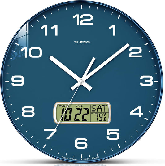 TIMESS 12-Inch Non-Ticking Analog Wall Clock with LCD Display, Blue
