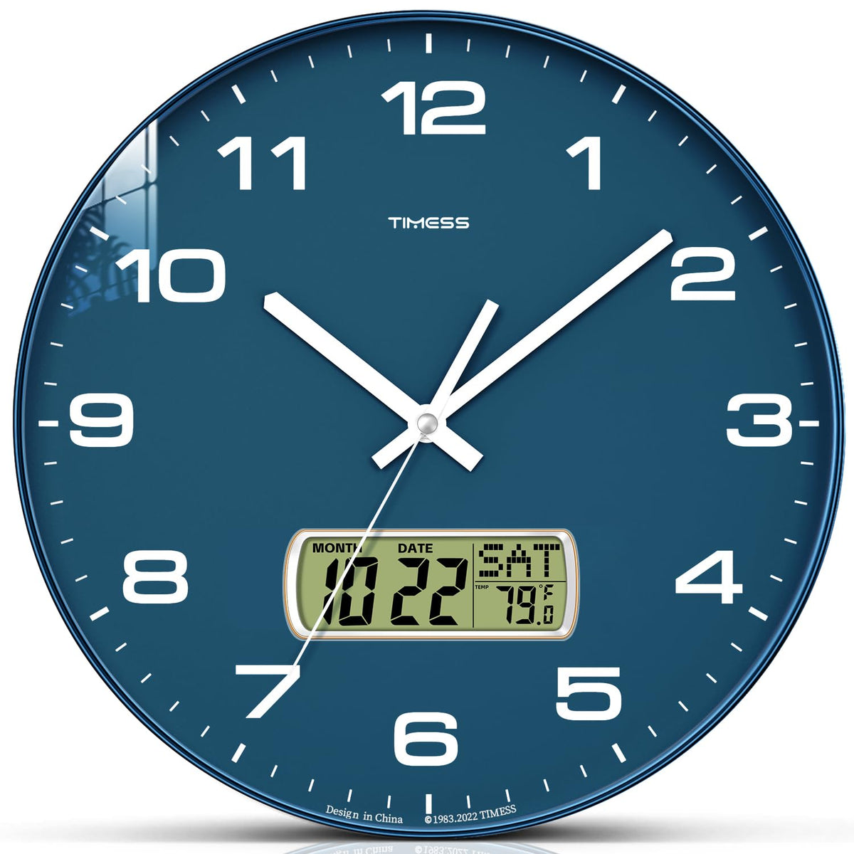 TIMESS 12-Inch Non-Ticking Analog Wall Clock with LCD Display, Blue