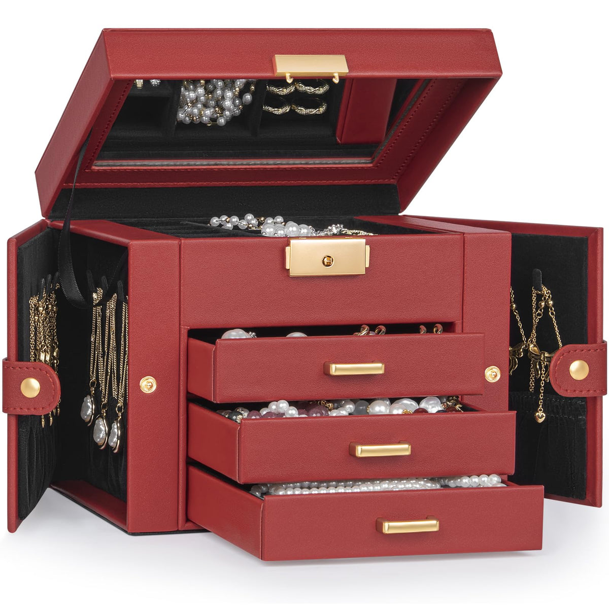 TORIBIO Jewelry Box for Women, Leather Jewelry Organizer with Mirror & Lock, 3-Tier Jewelry Storage Organizer with 2 Drawers for Girls/Women/Mothers, Necklace Earring Bracelets Holder Organizer