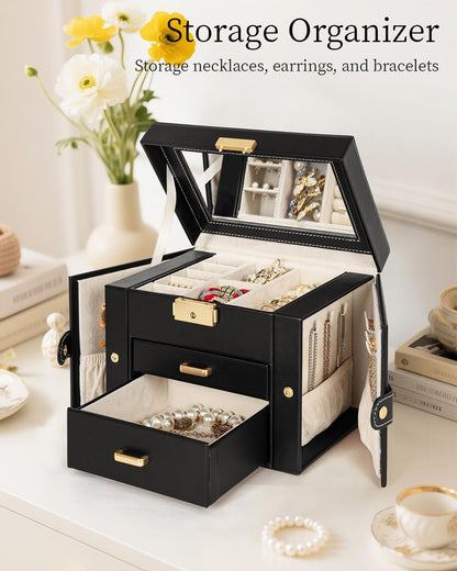 TORIBIO Jewelry Box for Women, Leather Jewelry Organizer with Mirror & Lock, 3-Tier Jewelry Storage Organizer with 2 Drawers for Girls/Women/Mothers, Necklace Earring Bracelets Holder Organizer