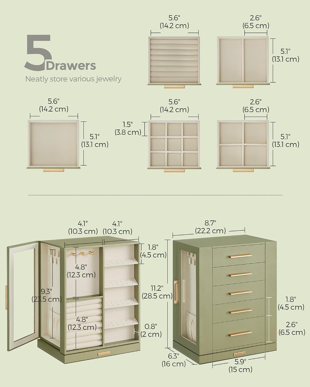 SONGMICS Jewelry Box Organizer, 360° Rotating, 5 Drawers, Laurel Green