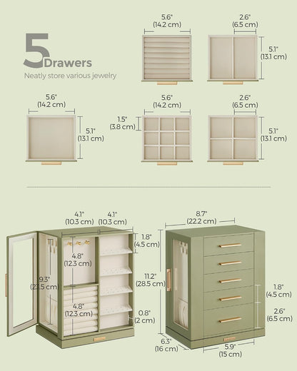 SONGMICS Jewelry Box Organizer, 360° Rotating, 5 Drawers, Laurel Green