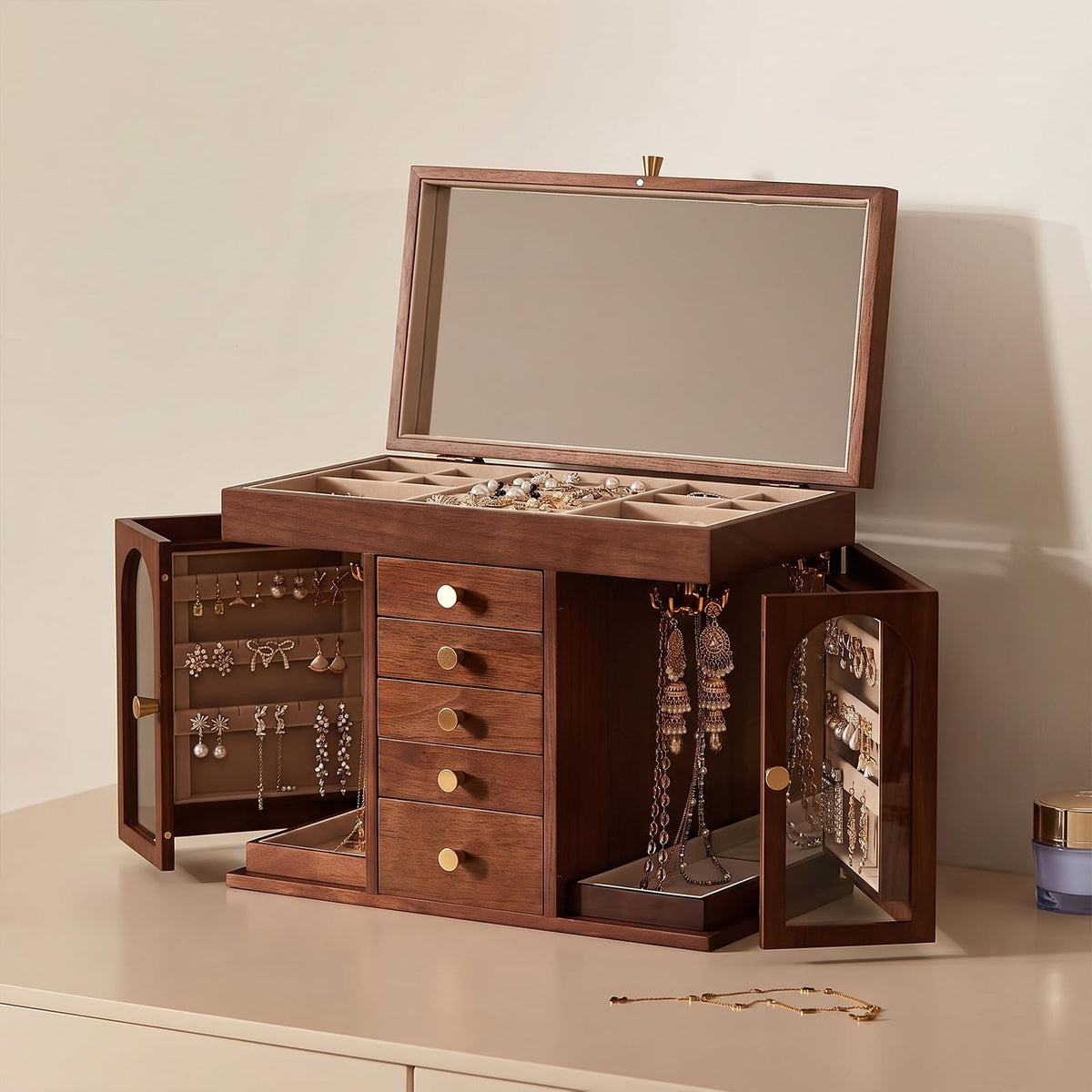 Black Walnut Wooden Jewelry Box for Women, 6 Layer