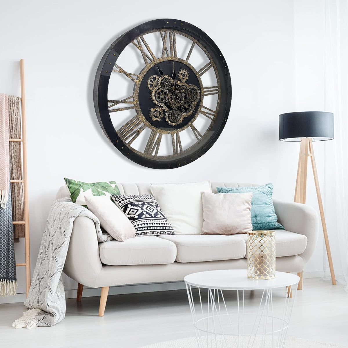 27 inch Large Real Moving Gears Wall Clock with Toughened Glass Cover, Oversized Solid Wood Retro Farmhouse Clock, Giant Decorative Rustic Wall Clock for Living Room Home Kitchen Office (Black)
