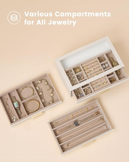 Lolalet Jewelry Box Organizer, 3-Layer Jewelry Storage Case -Beige
