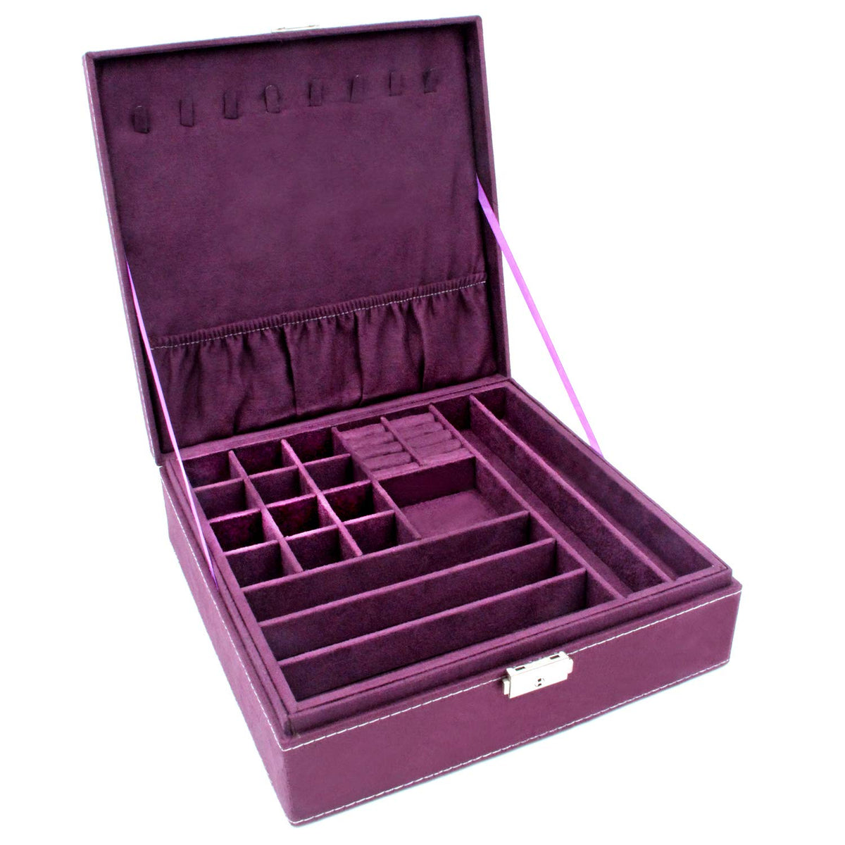 Two-Layer lint Jewelry Box Organizer Display Storage case with Lock (Blue)