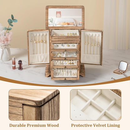 Jewelry Box for Women，Wooden Jewelry Box with 4 Clear Drawers Rustic Brown