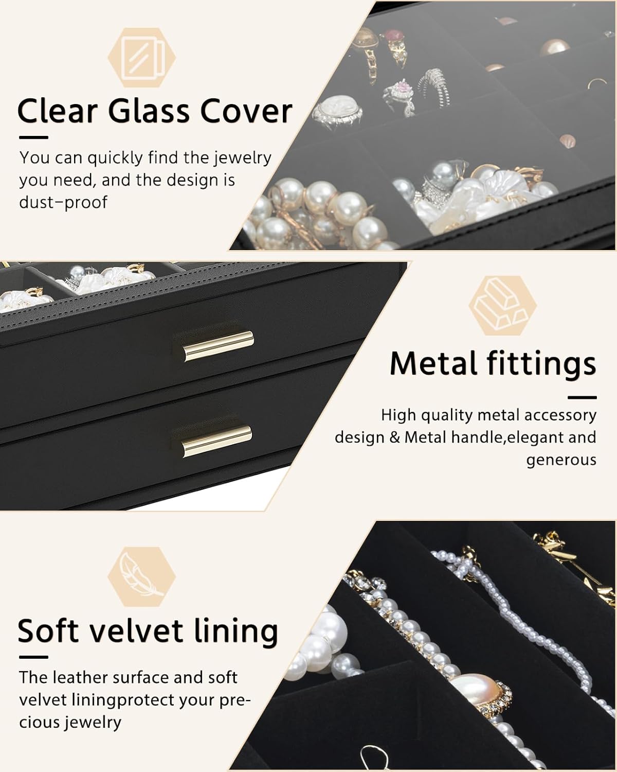AKOZLIN Jewelry Box Organizer with Clear Lid 2 Drawers Black