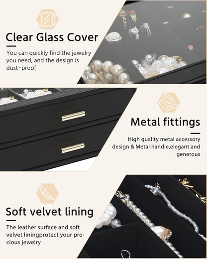 AKOZLIN Jewelry Box Organizer with Clear Lid 2 Drawers Black