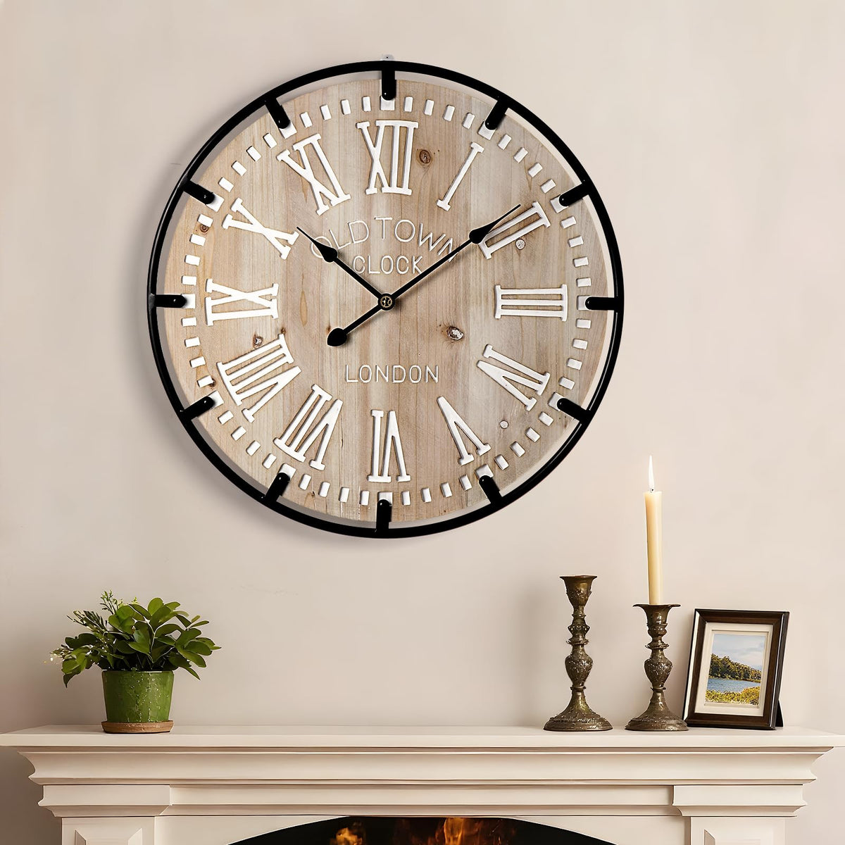 Vantic Farmhouse 30 Inch Wood Arabic Large Wall Clock with Metal Circle