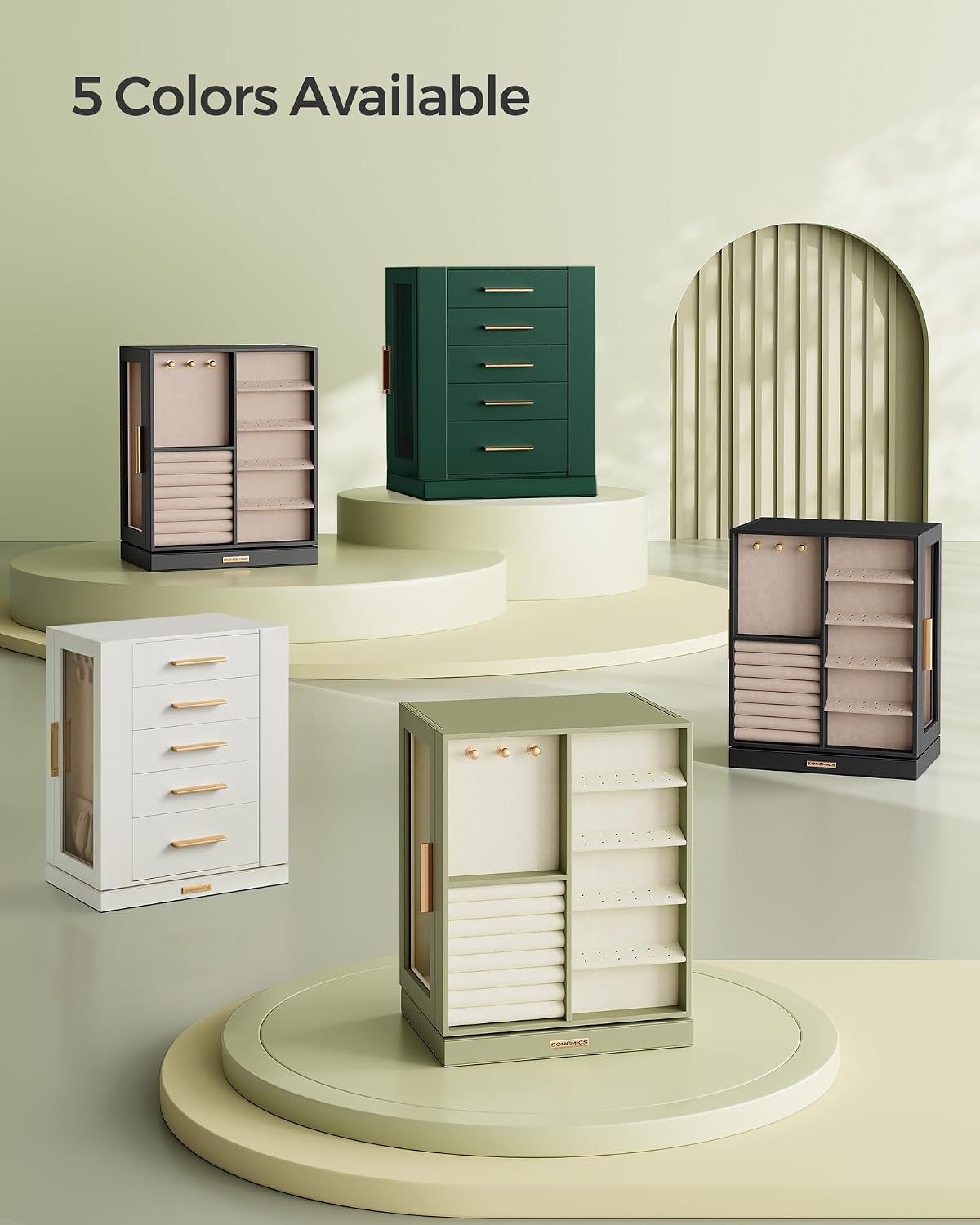 SONGMICS Jewelry Box Organizer, 360° Rotating, 5 Drawers, Laurel Green