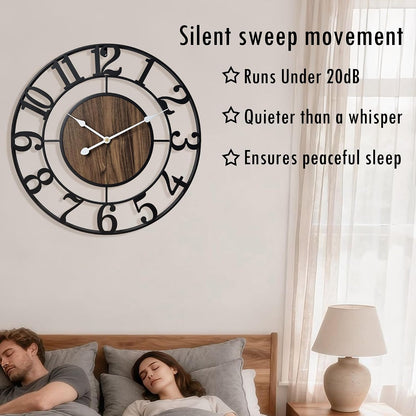 Large Metal Wall Clock, 20 Inch Retro Decorative Silent, Non Ticking, Battery Operated Modern Big Wood Wall Clock for Living Room, Farmhouse, Bedroom, Fireplace, Kitchen, Office, Home Decor