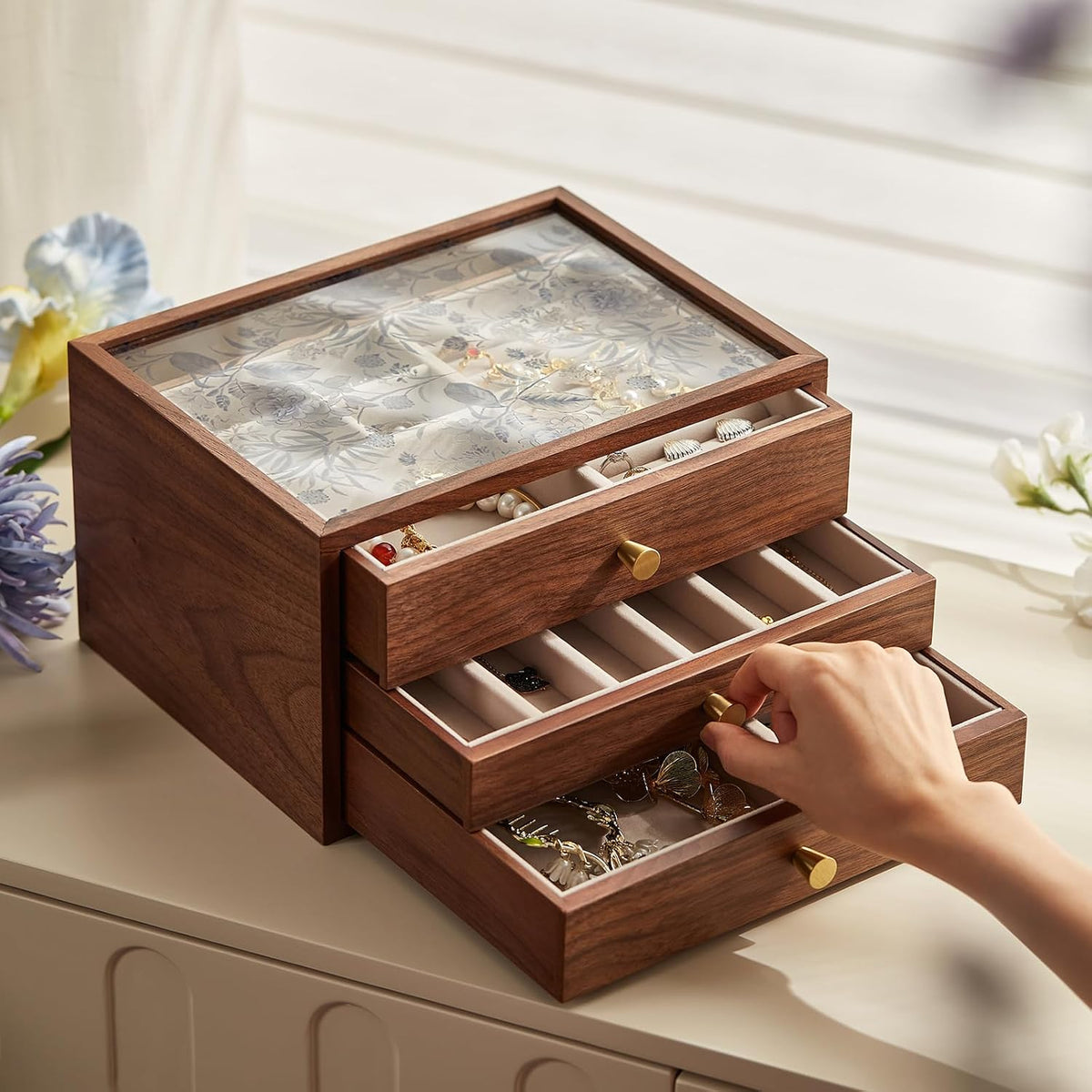Black Walnut Wooden Women Jewelry Box with Glass Lid, 3 Layer