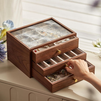 Black Walnut Wooden Women Jewelry Box with Glass Lid, 3 Layer