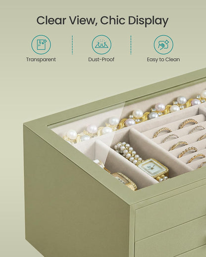 SONGMICS 3-Layer Jewelry Box with Glass Window, 3 Drawers, Golden Handles