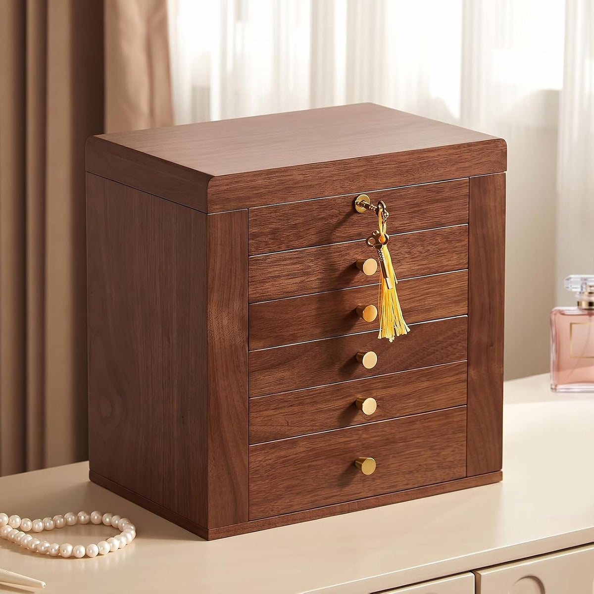 Black Walnut Wooden Jewelry Box for Women, 6 Layer