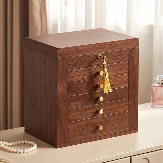 Black Walnut Wooden Jewelry Box for Women, 6 Layer