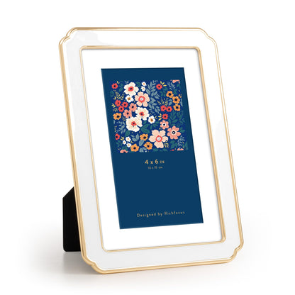 4x6 Enamel Picture Frame with HD-Tempered Glass, Display 3x5 Photo with Mat, Ornate Photo Frame with Gold Metal Edge & Velvet Back for Tabletop & Wall Mount Vertically or Horizontally Display, White