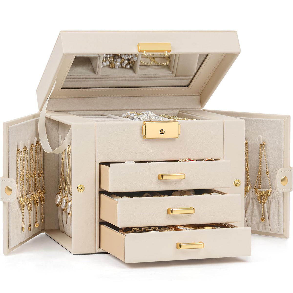 TORIBIO Jewelry Box for Women, Leather Jewelry Organizer with Mirror & Lock, 3-Tier Jewelry Storage Organizer with 2 Drawers for Girls/Women/Mothers, Necklace Earring Bracelets Holder Organizer