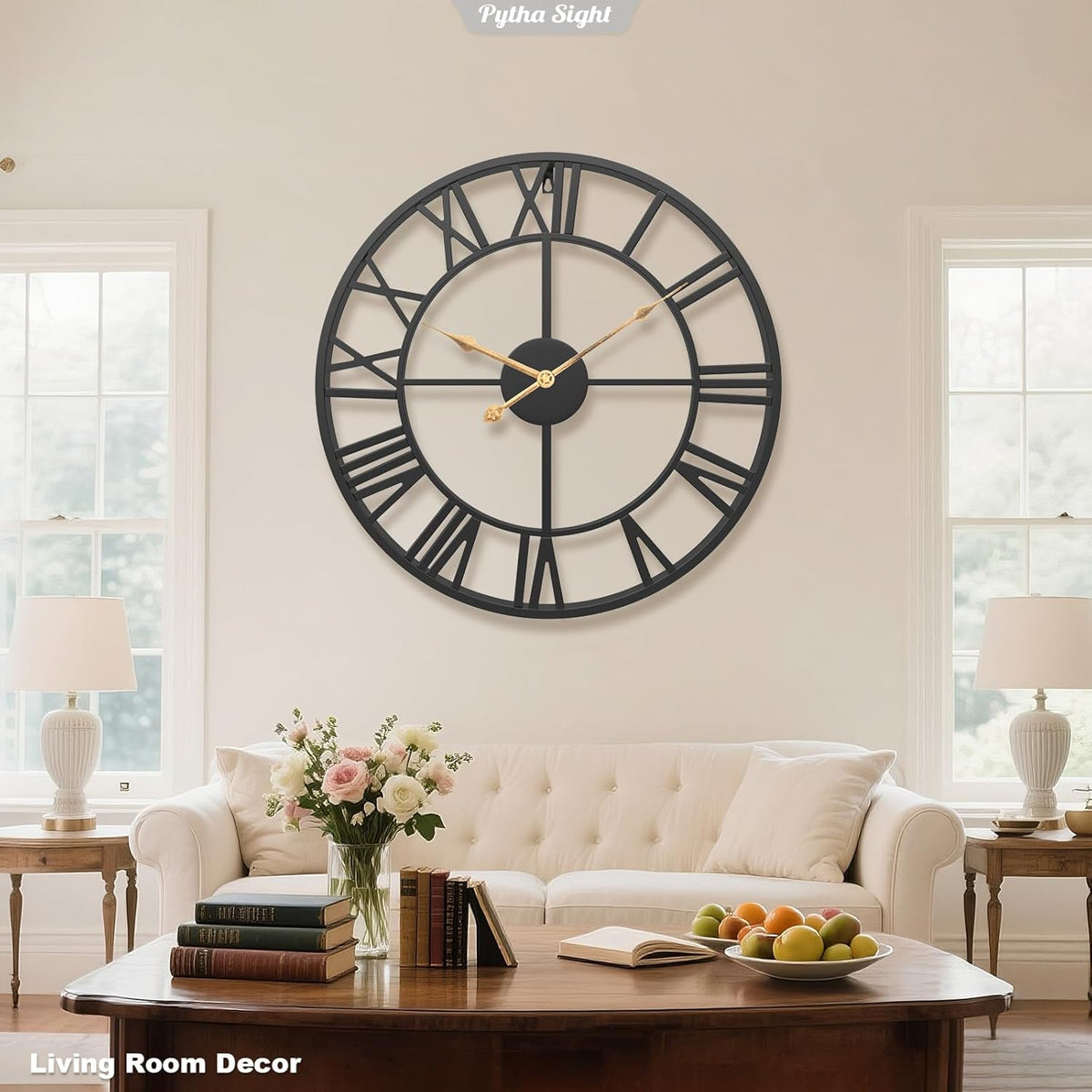 Pytha Sight 30 Inch Black Large Roman Numeral Wall Clocks for Living Room