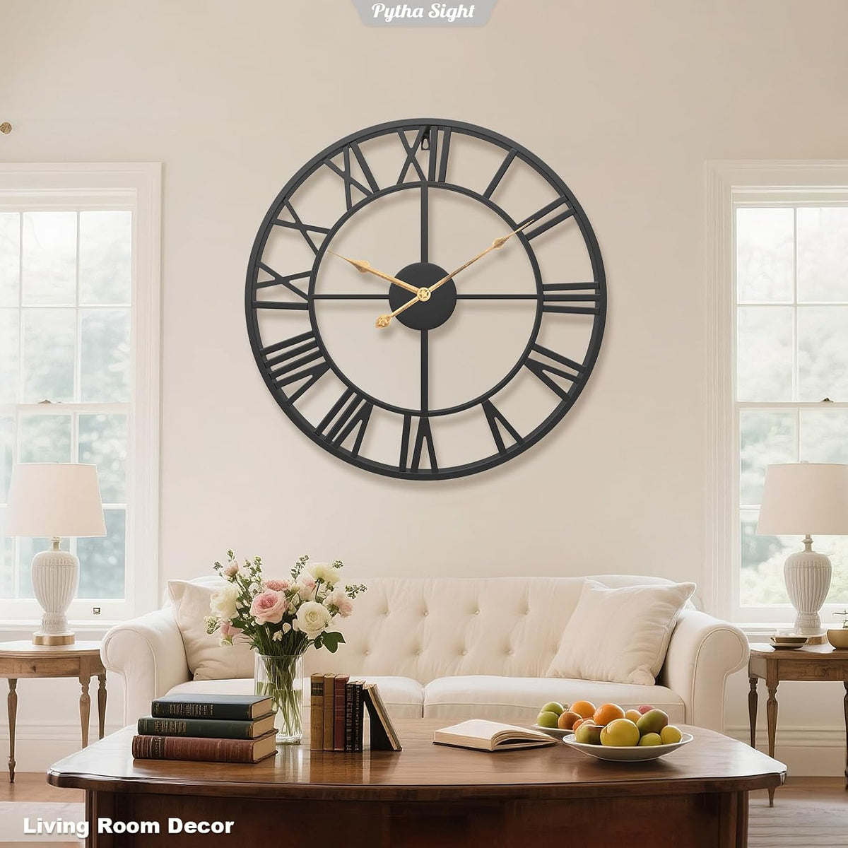 Pytha Sight 30 Inch Black Large Roman Numeral Wall Clocks for Living Room