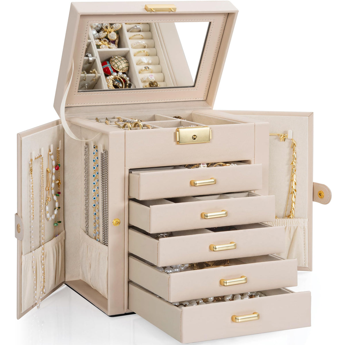 TORIBIO Jewelry Box for Women, Leather Jewelry Organizer with Mirror & Lock, 3-Tier Jewelry Storage Organizer with 2 Drawers for Girls/Women/Mothers, Necklace Earring Bracelets Holder Organizer