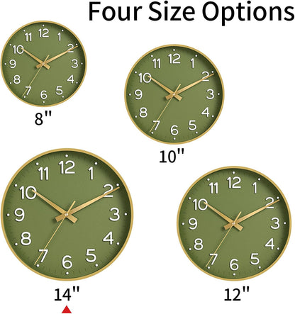 Roymnie 14 Inch Wall Clock Battery Operated Silent Non Ticking Green Analog
