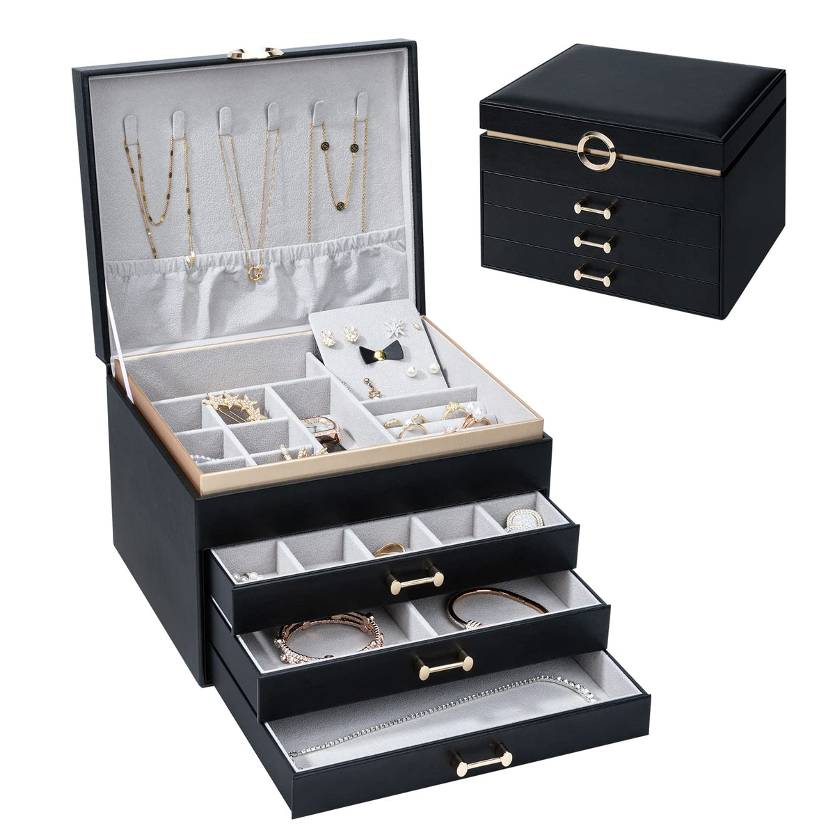 Jewelry Storage Box for 150+ Items - Features a Mirror, Smooth Gliding Drawers, and Non-Slip Earring Pads for Maximum Organization White