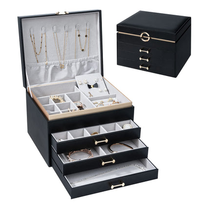 Jewelry Storage Box for 150+ Items - Features a Mirror, Smooth Gliding Drawers, and Non-Slip Earring Pads for Maximum Organization White