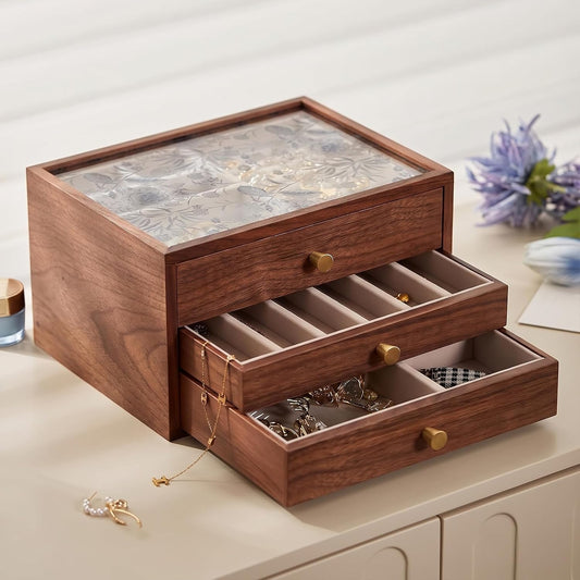 Black Walnut Wooden Women Jewelry Box with Glass Lid, 3 Layer