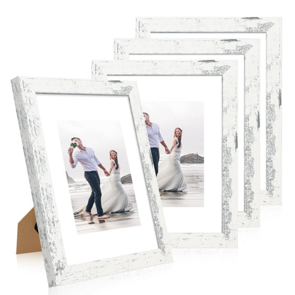 iRahmen 5x7 Picture Frame Set of 4, High Definition Real Glass Rustic Brown Frame, 5 x 7 Wood Photo Frames for Tabletop Display and Wall Mounting