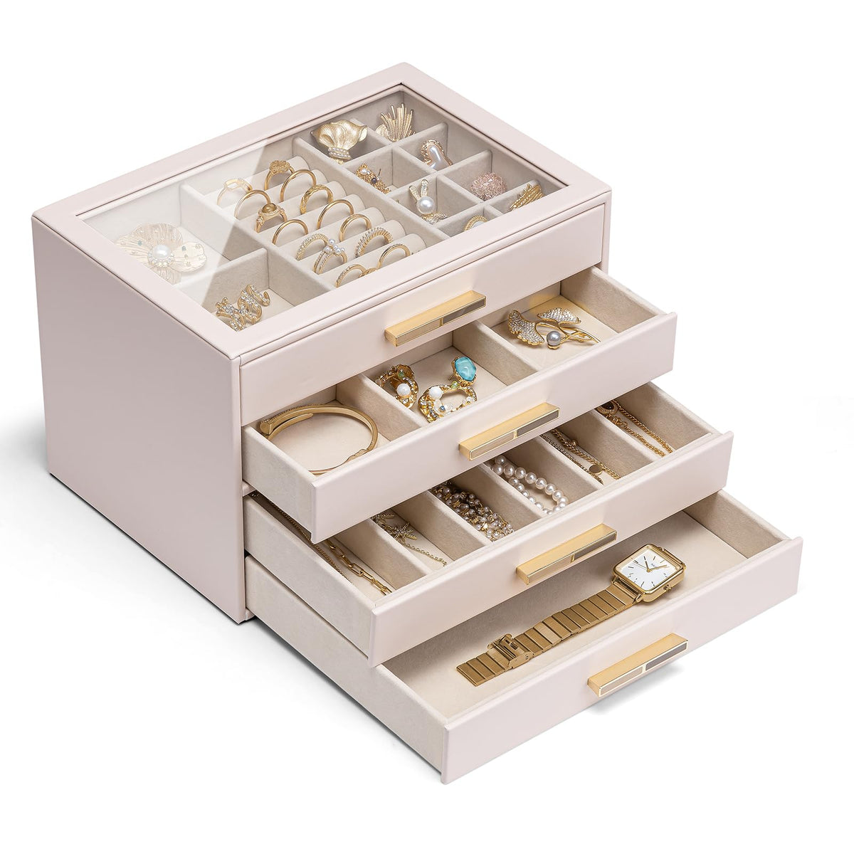 Vlando 4-Drawer Jewelry Box Organizer with Glass Lid, White