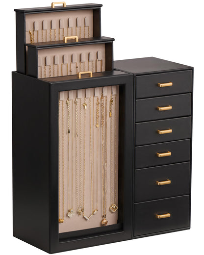 Lolalet Large Jewelry Box Organizer for Women, PU Leather Jewelry Case with Necklace Holder & Multiple Drawers, Tabletop Dresser Storage for Earrings Rings Chains, Gift for Girls -M, Black