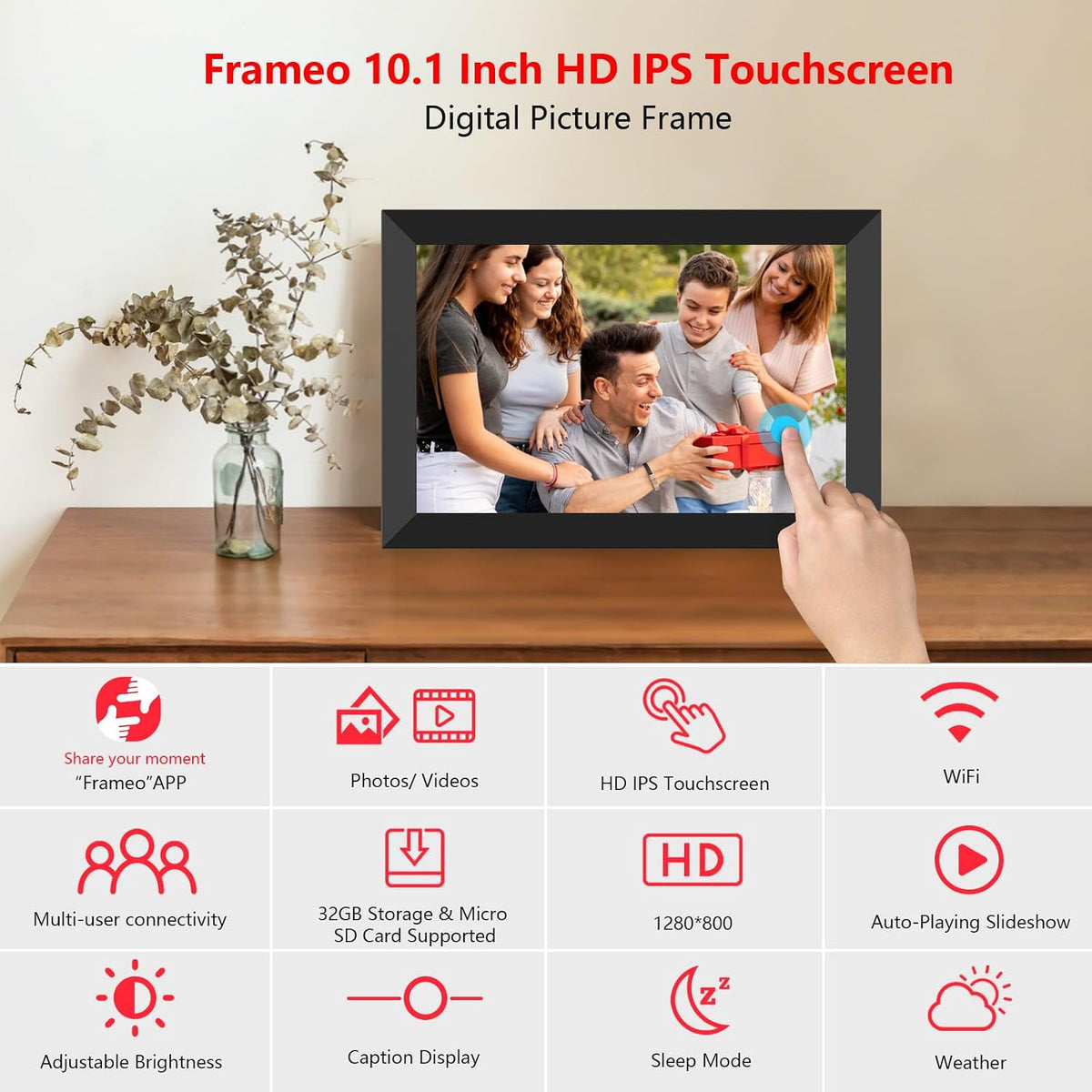 Frameo 10.1 Inch WiFi Digital Photo Frame, 32GB Digital Picture Frame with 1280x800 IPS HD Touch Screen, Auto-Rotate Wall Mount, Easy Share Photos/Videos from Phone - Gifts for Mom