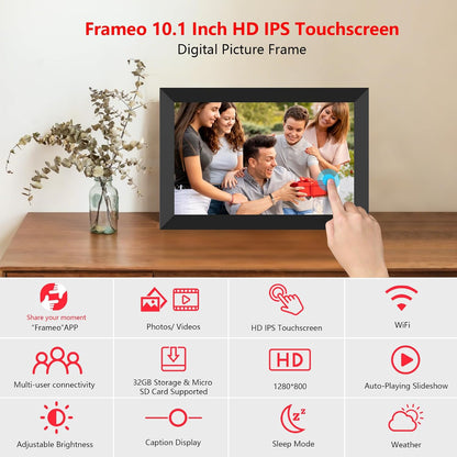 Frameo 10.1 Inch WiFi Digital Photo Frame, 32GB Digital Picture Frame with 1280x800 IPS HD Touch Screen, Auto-Rotate Wall Mount, Easy Share Photos/Videos from Phone - Gifts for Mom