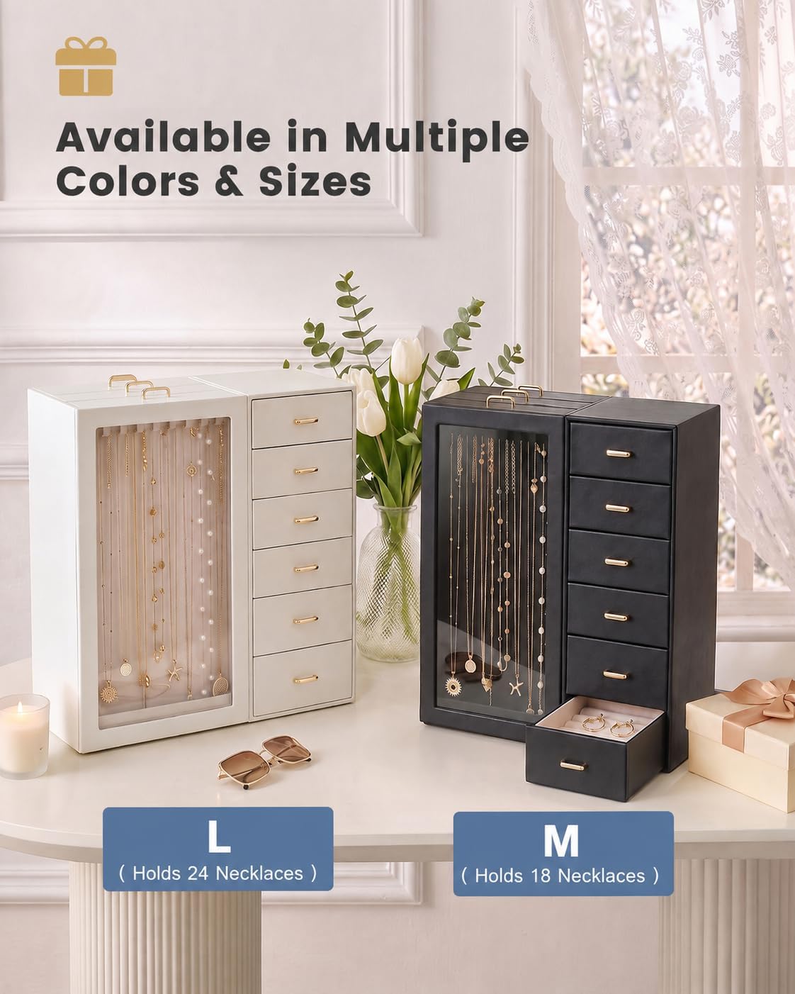 Lolalet Large Jewelry Box Organizer for Women, PU Leather Jewelry Case with Necklace Holder & Multiple Drawers, Tabletop Dresser Storage for Earrings Rings Chains, Gift for Girls -M, Black